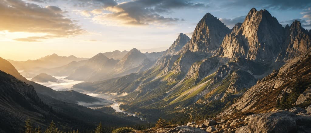 A vast mountain valley at sunrise